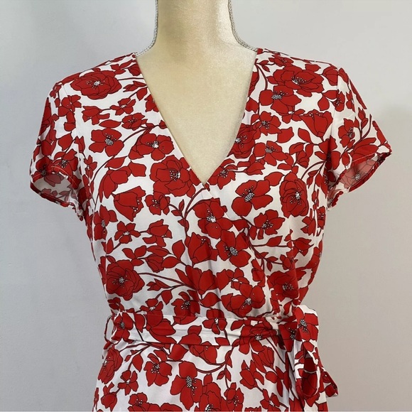 Bardot Fiesta Floral Faux Wrap Midi Dress Size 12 Red Asymmetrical Ruffles NEW - Picture 6 of 12